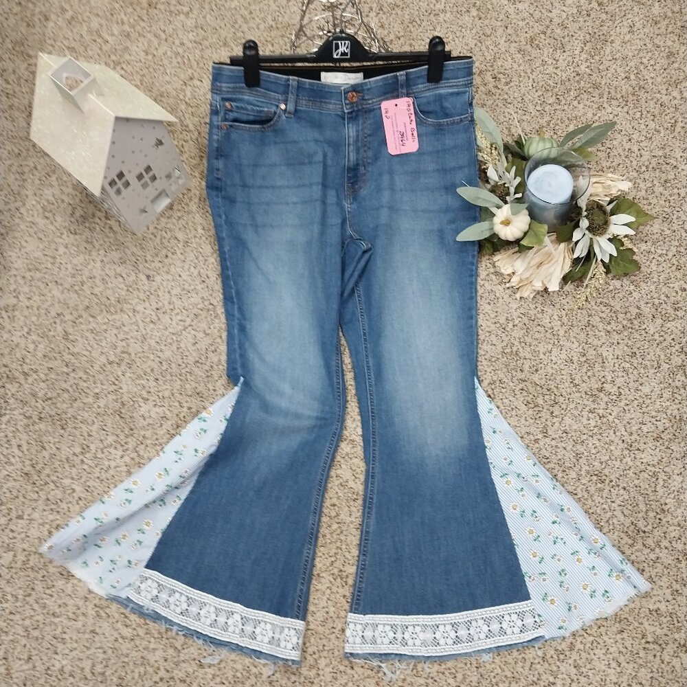3464 Size 14P Upcycled 1946 Cato Denim Bell-Bottoms in Blue and Yellow Print.